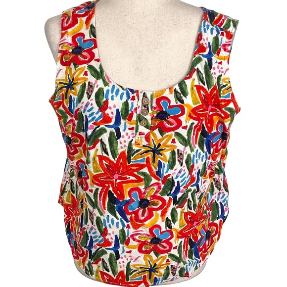 Hester & Orchard Tops - Hester & Orchard Tank Top Women L Red Floral Linen Blend Casual Beach‎ Crop